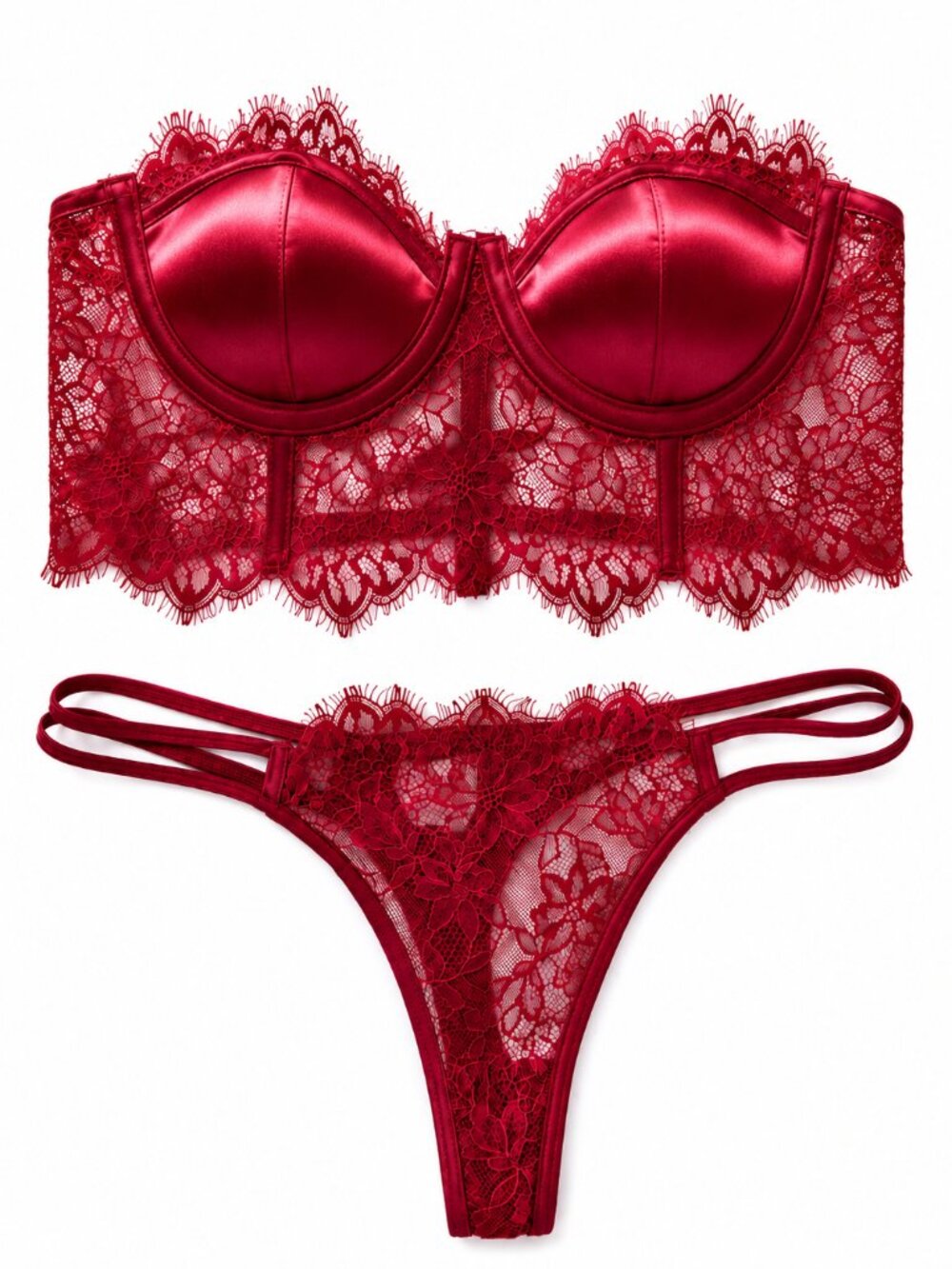 Burgundy Red Lace Longline Bustier Bra & Strappy Thong Lingerie Set